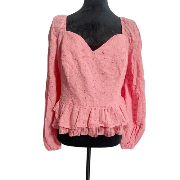 Arula Size A 1X Top Blouse Long Sleeve Pink Peplum Eyelet - Picture 1 of 9